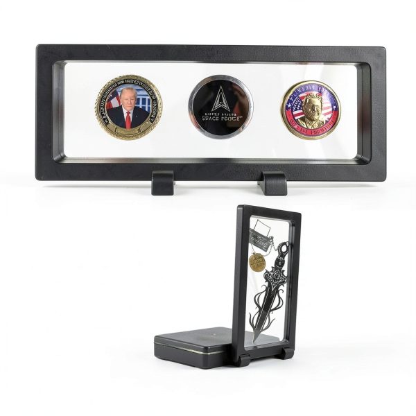 15 Pack Floating Display Case - 9 x 3.54 Inch Coin Display Case - Black Challenge Coin Display for Securing Medallions, Fossils, Stamps, Insect, Arrowhead, Guitar Pick, AA Medallion, Picture-5